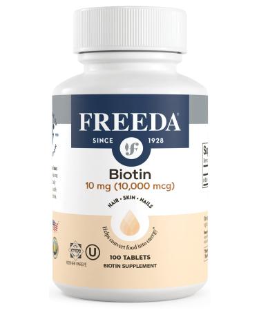 FREEDA Biotin 10 000 mcg Kosher Hair Skin & Nails Supplement High-Potency B7 for Hair Growth & Strong Nails Vegan Tablets with D-Biotin 100 Tiny Tablet