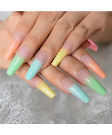 Rainbow Ombre Coffin Fake Nails Set - Glossy Nude Ballet Acrylic False Nail Tips for Women - Buy Online on GoSupps.com