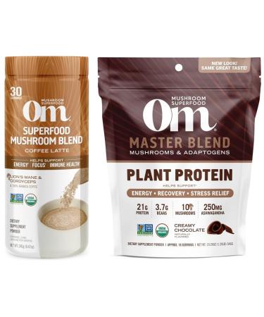 OM MUSHROOM SUPERFOOD Coffee Latte Blend Mushroom Powder 8.47 Ounce and Master Blend Plant-Based Protein Powder 19.26 Ounce 14 Servings Creamy Chocolate Bundle