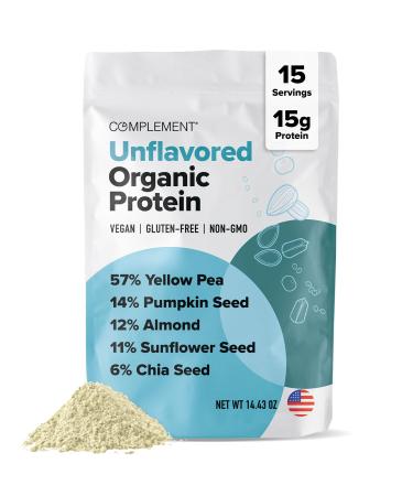 Complement Organic Unflavored Vegan Protein Powder (15 Servings) Low Carb Low Calorie Sugar Free Soy Free Non-GMO Gluten Free Non Dairy- Yellow Pea Pumpkin Seed- 15g Plant Based Protein Powder Unflavored 15 Servings