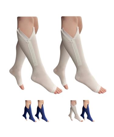 Open Toe 15-20 mmHg Compression Zipper Leg Socks White Navy 2 Pairs Large-X-Large White