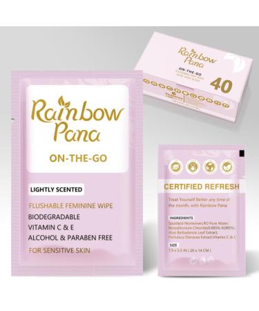 RainbowPana Feminine Wipes 40 Count ON-THE-GO Individually Wrapped | Flushable Wipes Travel Wipes for Women Pre/Post-Intimacy Cleansing | Aloe Portulaca Vitamin E | pH Balanced Biodegradable 1 Count (Pack of 40) Feminine Wipes