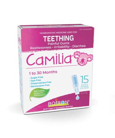 Boiron Camilia Baby Teething Relief Medicine 15 unit-doses (1 ml each). Camilia relieves pain restlessness irritability and diarrhea due to teething. Benzocaine-Free and Preservative-Free with Natural Active Ingredient No Sugar No Dye 15 Dose Teething Rel