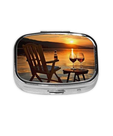 Chair and Wine at Sunset Lake Printing 2 Compartment Small Pill Case Cute Small Pill Box Purse Pill Boxs Travel Pill Organizer for Pocket Purse and Travel Gifts