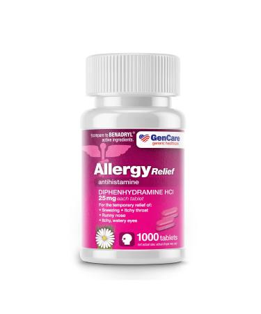 GenCare - Antihistamine Diphenhydramine HCl 25mg (1000 Tablets Per Bottle) - Compare to Generic Benadryl - Bulk Savings | Relief for Itchy Eyes, Sneezing, Runny Nose - Seasonal or Indoor Allergies 1000 Count (Pack of 1)