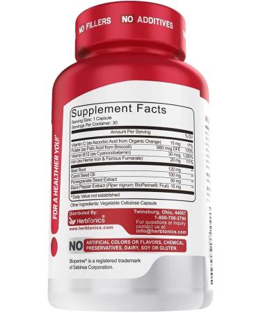 Blood Booster Iron Supplements for Women and Men | VIT C Beet Root Folate | Supports Energy & Red Blood Cell Production | No Side Effects | 30 Vegan Capsules - Buy Online on GoSupps.com