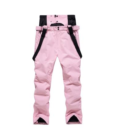HOUZONIY Bib Snow Pants for Women Waterproof Insulated,Ski Pants with Detachable Powder Skirt and Suspenders for Winter Sport Pink Small