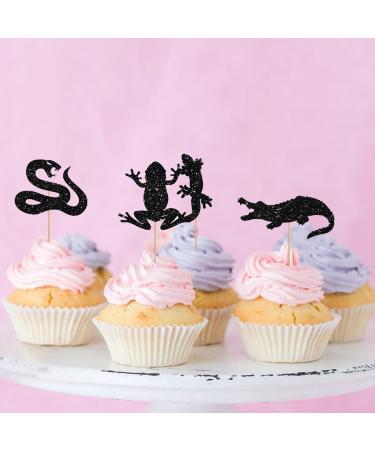 24Pcs Reptile Animals Cupcake Toppers Black Glitter Snake Crocodile Cake Decor Reptile Animals Cake Decorations for Baby Shower Reptile Pet Themed Birthday/Rainforest Party Decoration - Buy Online on GoSupps.com