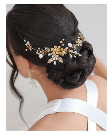 IYOU Bridal Jewelry | Wedding Hair Vine & Gold Headband with Pearls & Leaves | Elegant Prom Bride Accessories - Buy Online on GoSupps.com