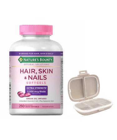 Natures Bounty Hair Skin and Nails 250 Softgels with a Khaki Travel Pill Organizer 8 Compartments Portable Pill Case for Medicine Vitamins Supplement
