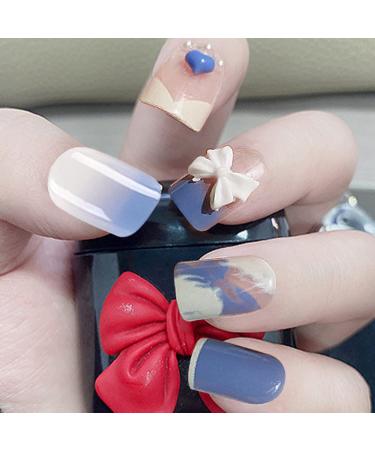 Luvadeyo Pack of 24 Stick-on Nails | French Wave Lines | Long Blue & White Artificial Fingernails | Acrylic Press-On Nail Tips for Women & Girls - Buy Online on GoSupps.com