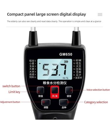 GM650 Grain Moisture Meter Hygrometer Digital Moisture Meter for Corn Wheat Rice Bean Barley Fodder Rapeseed Seed 14 Kinds 40% - Buy Online on GoSupps.com