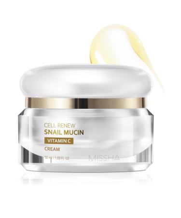 MISSHA Cell Renew Snail Mucin Vitamin C Cream 1.69 Fl oz Hydrating Snail Mucin Korean Skincare for Improved Skin Texture & Youthful Glow Glass Skin Korean Skincare Paraben Free