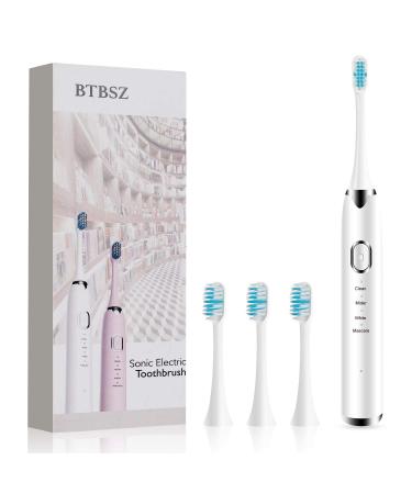 BTBSZ Sonic Electric Toothbrushes  Sonic Electric Toothbrushes Travel-Friendly Design 4 Modes 16 Gears with 4 Brush Heads USB Fast Charge Built-in Smart Timer for Adults and Kids White