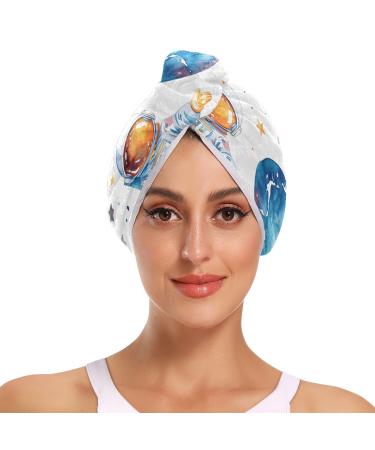 Astronaut Planet Hair Towel 2 Pack Super Absorbent Hair Drying Towel Quick Dry Hair Turbans Head Towel with Button Twisty Wrap for Women Girls