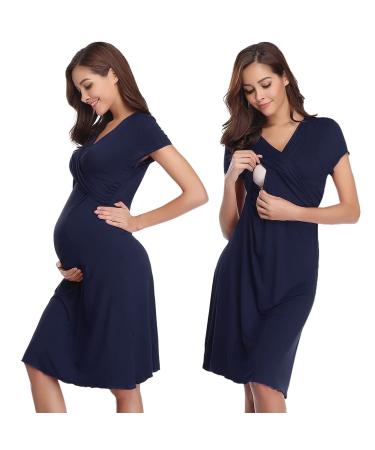 Irdcomps Women s Breastfeeding Nightdress Maternity Nightshirt Nursing Nightgown Soft V Neck Pajama Loungewear Tops Dress for Pregnant Casual Navy Blue S