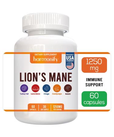 HARMONIFY Lions Mane Supplement Capsules with Turkey Tail, Reishi, Cordyceps Chaga, Maitake, Meshima, Poria Cocos, Shiitake, Oyster, Porcini, Enoki 20 in1 Mushroom