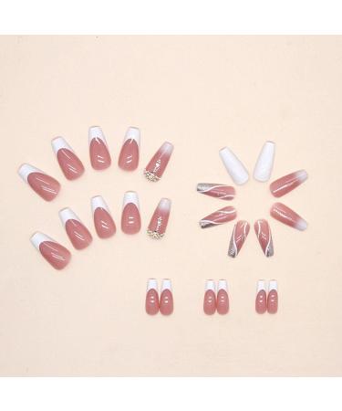24Pcs Short Square French Glitter Press on Nails - White & Nude Acrylic Full Cover Stick on Nails with Rhinestones for Women and Girls - Includes Glue Stickers - Glossy Finish - Buy Online on GoSupps.com