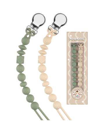 Kowlone Dummy Clips Boys Girls Silicone Soother Pacifier Chain Flexible Binky Holder Set with Texture for Teething Baby Unisex Newborn Dummies 1-Piece Design(Moss Green Beige) A: Beige Oatmeal