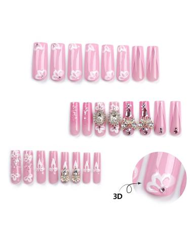 Extra Long Press On Nails - Gold Butterfly & 3D Diamond Floral Designs | XL Fake Nails for Women - 24pcs Stick On Set - Buy Online on GoSupps.com
