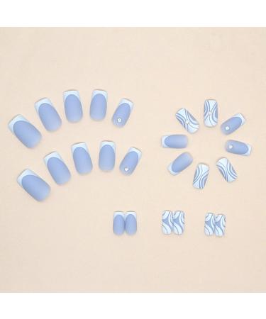Frosted Blue French Tip Press on Nails with Rhinestone Designs - 24Pcs | Square Acrylic False Nails | Reusable Stick on Nails for Women - Buy Online on GoSupps.com