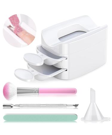 Portable Dip Powder Nail Kit Recycling Tray System with Scoop Nail Dust Brush Cuticle Pusher and Nail File Manicure Accessories Tool for Nail Art (White)