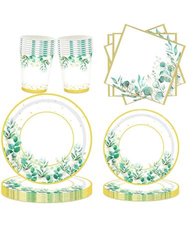 Kecung Green Paper Plates Set for 24 People Decoration Set Sage Green Paper Plates and Napkins Cups Set for Birthday Supplies Wedding