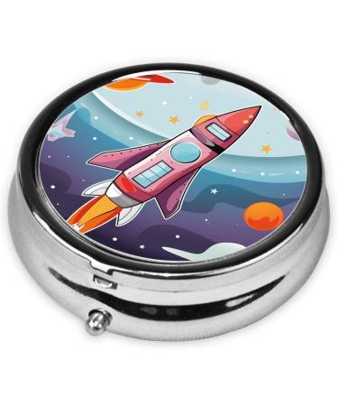 Buy Cartoon Rocket & Universe Portable Metal Pill Box - Round Mini 3-Compartment Hinged Design Perfect for Travel - Small Pills Organizer - Buy Online on GoSupps.com