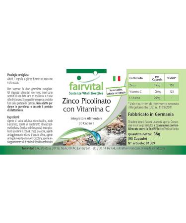 Fairvital | Zinc Picolinate with Vitamin C 15mg Zinc per Capsule 90 Capsules - Pure Substance - Buy Online on GoSupps.com