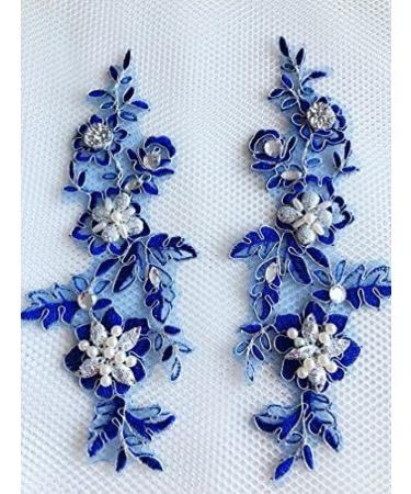 Handmade Crystal Sequins Patch 24x9cm Sew on Rhinestones Royal Blue Lace Applique - DIY Dress Accessories - Buy Online on GoSupps.com