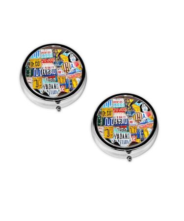 (License Plate Map) Round Pill Box 3 Compartment Pill Box Mini Decorative Pocket Purse Portable Travel Medicine Tablet Vitamin Holder Organizer Pill Case