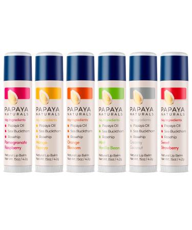 Papaya Naturals Lip Balm | 100% Natural Lip Care | 6 Pack with Rosehip Oil Sea Buckthorn Oil and Papaya Oil (Set of 6 - All Flavors) Set of 6 (All Flavors)