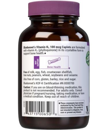Bluebonnet Vitamin K1 100 mcg Supports Bone Health - Phylloquinone Crystalline Vitamin K Supplement - Non-GMO Kosher Certified Gluten-Free Dairy-Free - 100 Vegan Caplets 100 Count (Pack of 1) - Buy Online on GoSupps.com
