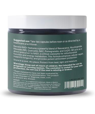 reset wellness RESVERA NAD+ | Resveratrol Nicotinamide Riboside (NR) Quercetin NAC & CoQ10 | Supports Cellular Energy Anti-Aging Mitochondrial Health & Longevity | 60 Capsules - Buy Online on GoSupps.com