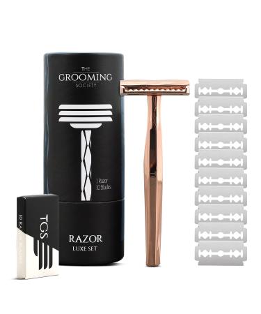Double Edge Safety Razor Classic for Men and Women Reusable Safety Razor Metal Long Handle Safety Razor 10 Blade Refill (Rose Gold)