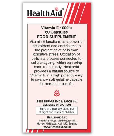 HealthAid Vitamin E 1000iu - 60 Capsules | Antioxidant Support | Skin Health | Immune System Booster - Buy Online on GoSupps.com