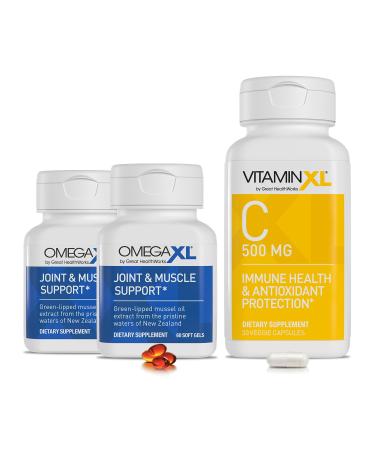 OmegaXL Joint Support Supplement, Natural Muscle Support 60 Softgels (2 Pack) & VitaminXL Vitamin C Supplement for Antioxidant Support, Helps Immune Health and Collagen Production (30 Vegan Capsules)