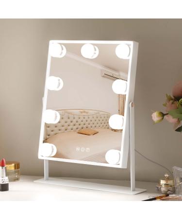 Leishe Vanity Mirror with Lights Hollywood Lighted Makeup Mirror with 9 Dimmable Bulbs & 3 Color Lighting Modes  Detachable 10X Magnification Mirror and 360 Degree Rotation(White) A-vanity Mirror With 9 Blubs