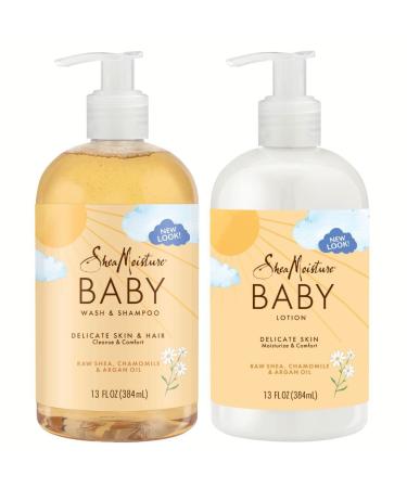 Shea Moisture Baby Essentials, Raw Shea Chamomile & Argan Oil Baby Wash & Shampoo Bundled with Baby Lotion, Skin Care for Baby, 13 Fl Oz Ea