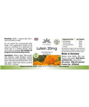 Lutein 20mg - Microencapsulated Vegan Capsules | 60 Pack | HERBADIREKT by Warnke Vitalstoffe - Quality German Pharmacy - Buy Online on GoSupps.com