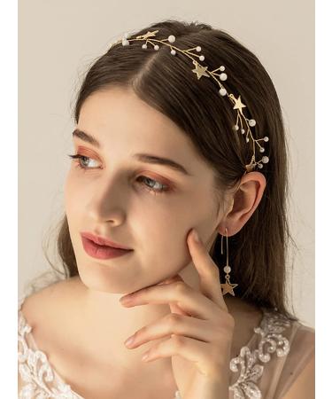 JWICOS Star Girl Headband Earrings Set - Gold Princess Wedding Hair Accessories for Women - Handmade Bridal Barrette with Dainty Bead Star Drop Design - Buy Online on GoSupps.com
