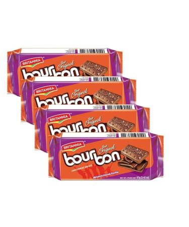 Britannia Bourbon the Original - Choco Creme Biscuits 3.42oz (97g) - Smooth Chocolate Cream Biscuits for Breakfast & Snacks - Topped with Sugar Crystals (Pack of 4)