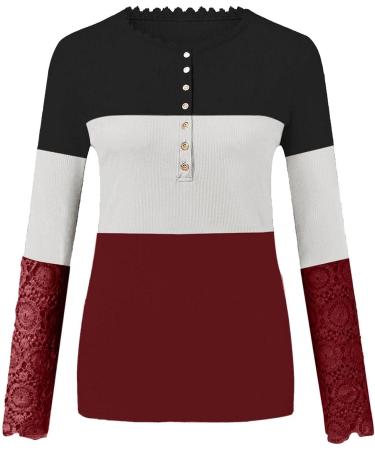 Women's Fitted Lace V Neck Long Sleeve Henley Shirt - Wine | Ribbed Knit Tunic Top - XX-Large - Buy Online on GoSupps.com