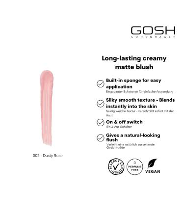 Gosh Cream Blush Matte | Liquid Blush 002 Dusty Rose | Vegan & Perfume-Free | Silky Creme Blush with Built-in Sponge for Fresh Finish - Buy Online on GoSupps.com