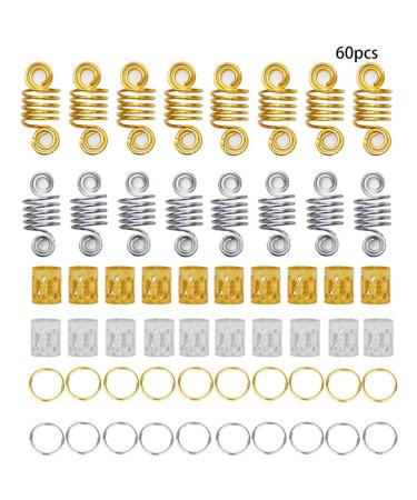 amangul 60 Pieces Alloy Hair Coil Dreadlocks Braid Rings Metal Cuffs Gold Silver Twisted