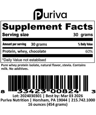 Puriva Nutrition Protein Powder Whey Protein Isolate Chocolate 1 Pound - Buy Online on GoSupps.com