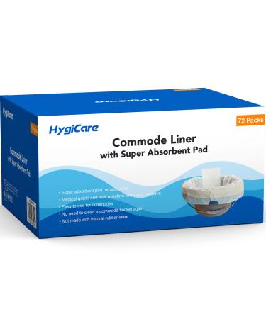 HygiCare Commode Liners with Super Absorbent Pads - 72 Count, Medical Grade, Leakproof, Super Strong, Best for Bedside Commodes and Bedpans, Easy Tie, Turn Liquids into Gel, Reduce Odor