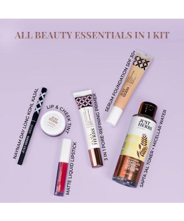 Jus-t Herb-s Makeup Kit for Women | Kohl Kajal 3-in-1 Primer Liquid Lipstick Serum Foundation SPF Toner & Lip & Cheek Tint Gift Set - International Shipping Available - Buy Online on GoSupps.com