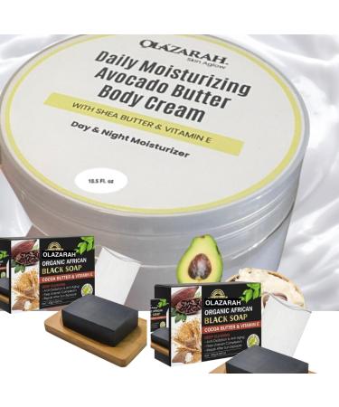 OLAZARAH Avocado Butter Body Cream w/Shea Butter + Natural African Black Soap Infused with Cocoa Butter & Vit. E for Revitalizing Skin Nourishment Bundle for all skin types 12 oz