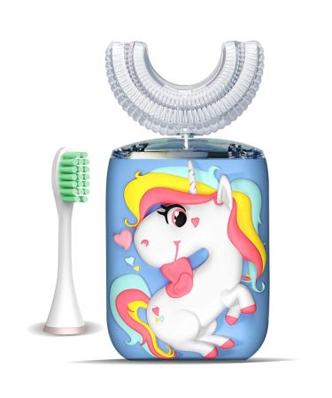 Kids Electric Toothbrush U Shaped Unicorn Ultrasonic Whole Mouth Automatic Toothbrush with 2 Brush Heads Six Cleaning Modes Smart Timer IPX7 Waterproof Rechargeable Powered Brushes for Child 2-7 Years 2-unicorn Blue